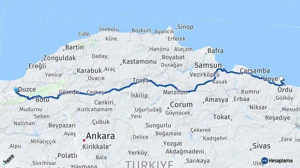 Düzce Perşembe Ordu Arası Kaç Km - Yol Haritası