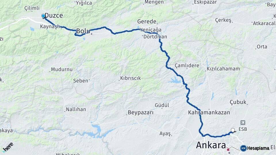 Düzce Pursaklar Ankara Arası Kaç Km - Yol Haritası