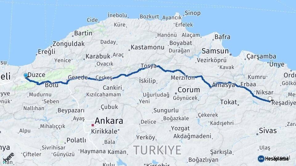 Düzce Reşadiye Tokat Arası Kaç Km - Yol Haritası