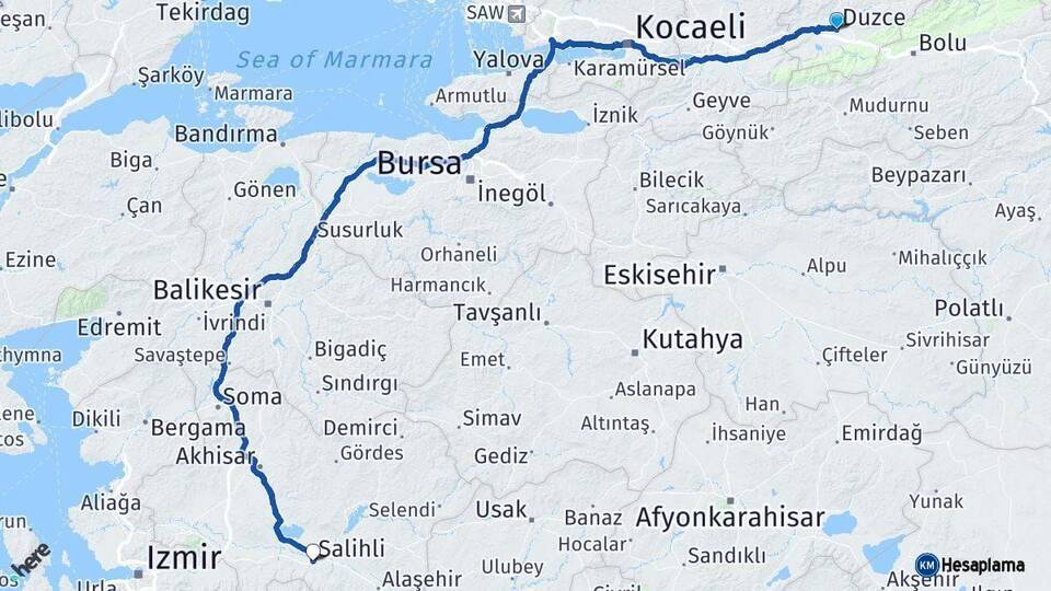 Düzce Salihli Manisa Arası Kaç Km - Yol Haritası