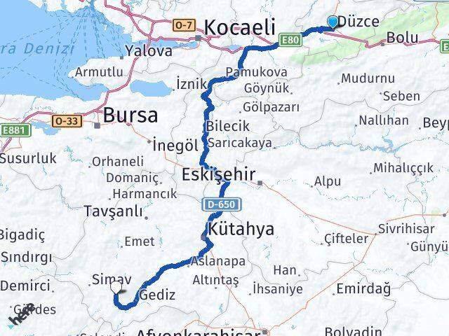 Düzce Şaphane Kütahya Arası Kaç Km - Yol Haritası