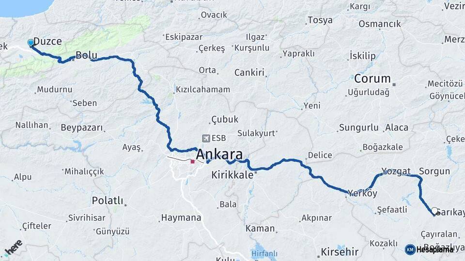 Düzce Sarıkaya Yozgat Arası Kaç Km - Yol Haritası