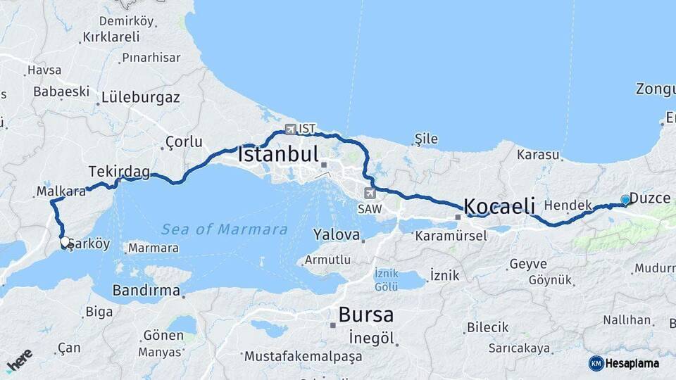 Düzce Şarköy Tekirdağ Arası Kaç Km - Yol Haritası