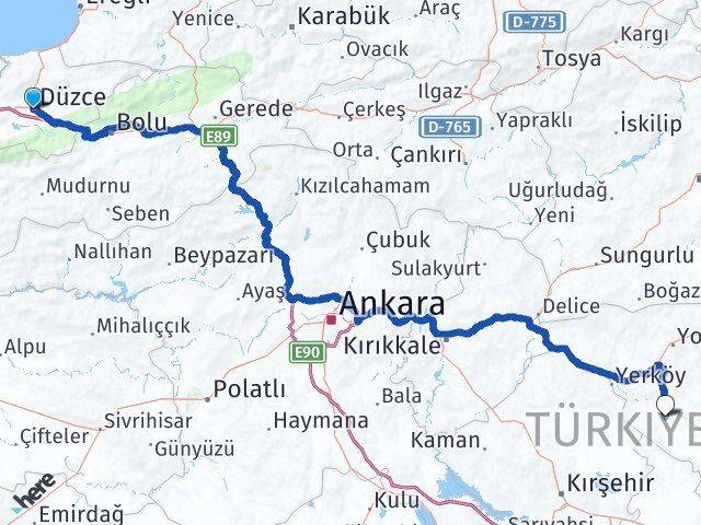 Düzce Şefaatli Yozgat Arası Kaç Km - Yol Haritası