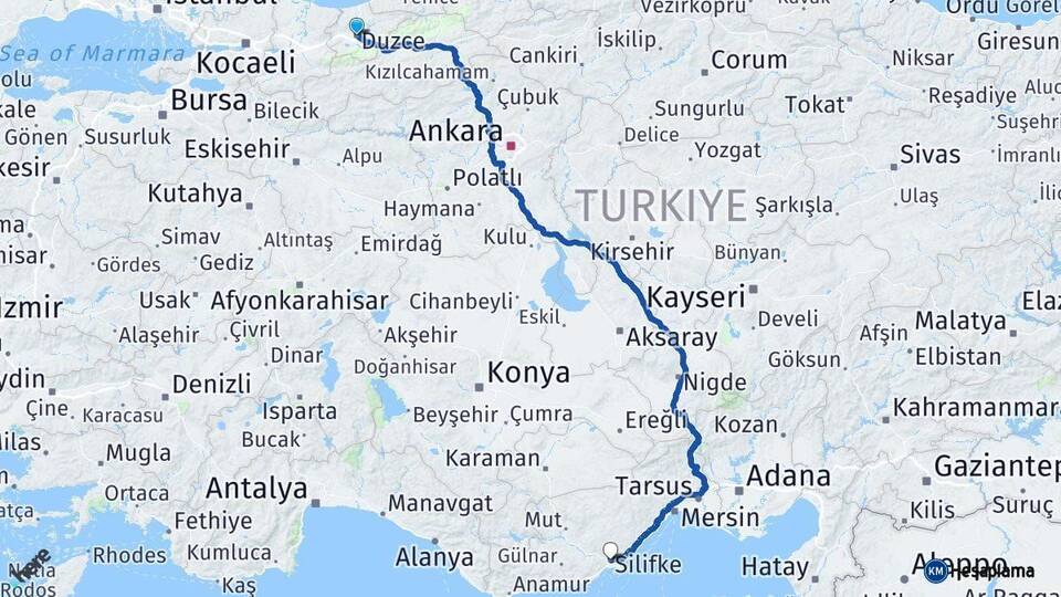 Düzce Silifke Mersin Arası Kaç Km - Yol Haritası