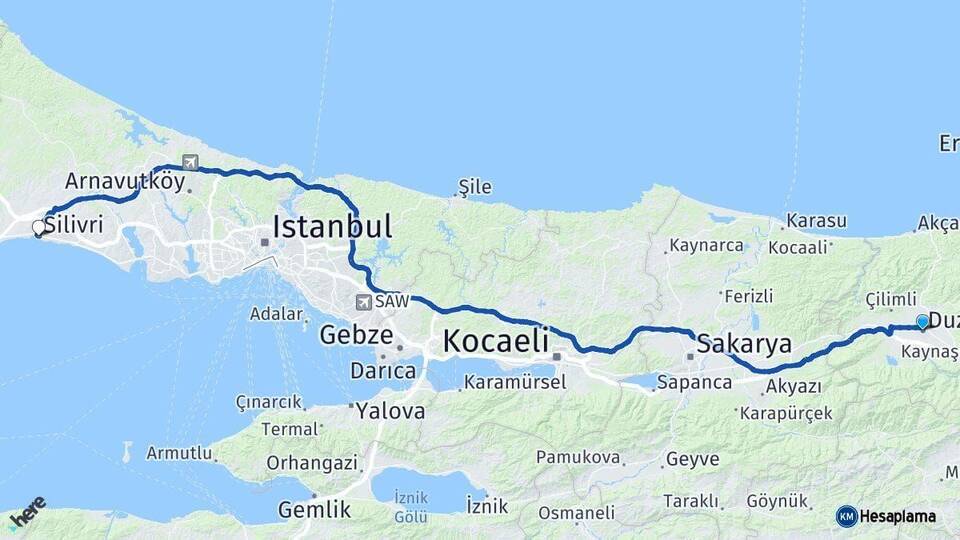 Düzce Silivri İstanbul Arası Kaç Km - Yol Haritası