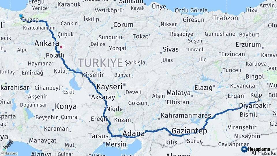 Düzce Silvan Diyarbakır Arası Kaç Km - Yol Haritası