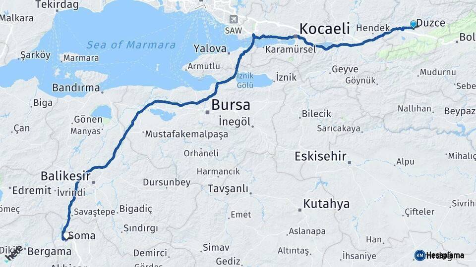 Düzce Soma Manisa Arası Kaç Km - Yol Haritası