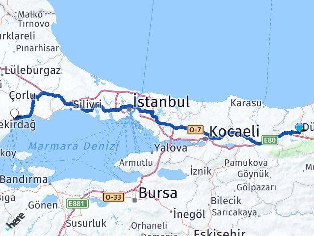 Düzce Süleymanpaşa Tekirdağ Arası Kaç Km - Yol Haritası