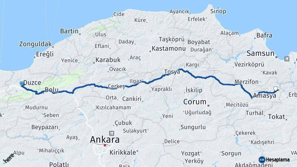 Düzce Taşova Amasya Arası Kaç Km - Yol Haritası