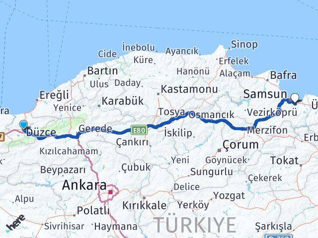 Düzce Tekkeköy Samsun Arası Kaç Km - Yol Haritası