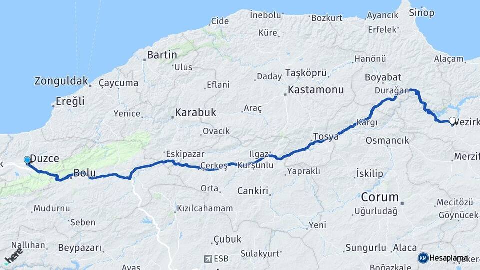 Düzce Vezirköprü Samsun Arası Kaç Km - Yol Haritası