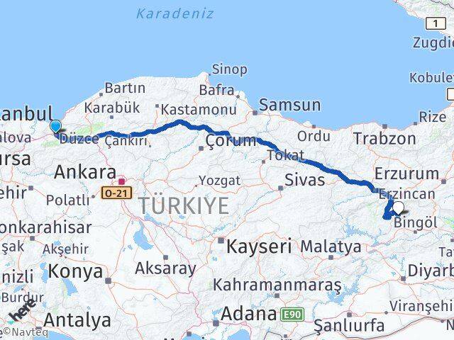 Düzce Yayladere Bingöl Arası Kaç Km - Yol Haritası