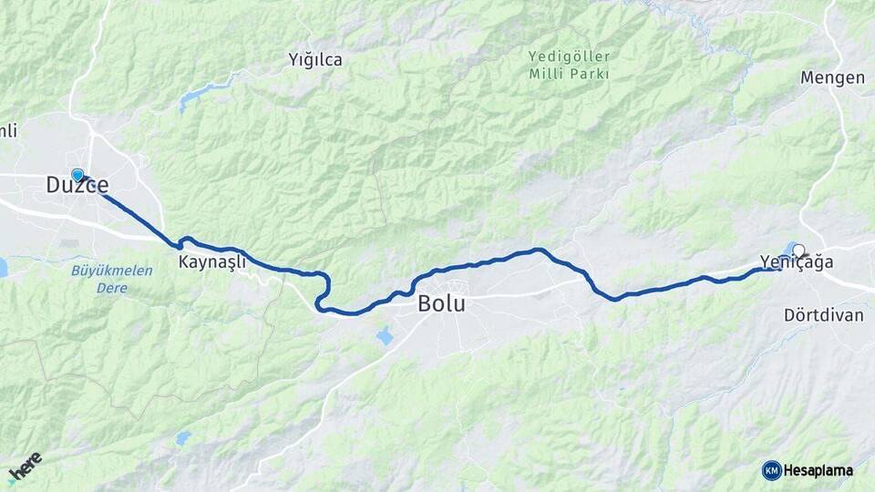 Düzce Yeniçağa Bolu Arası Kaç Km - Yol Haritası