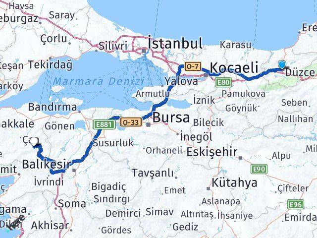 Düzce Yenice Çanakkale Arası Kaç Km - Yol Haritası