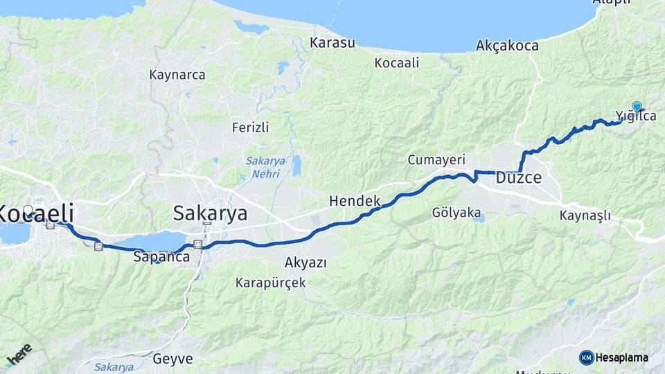 Düzce Yığılca İzmit Kocaeli Arası Kaç Km - Yol Haritası