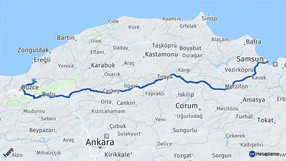 Düzce Yığılca Samsun Arası Kaç Km - Yol Haritası