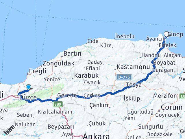 Düzce Yığılca Sinop Arası Kaç Km - Yol Haritası