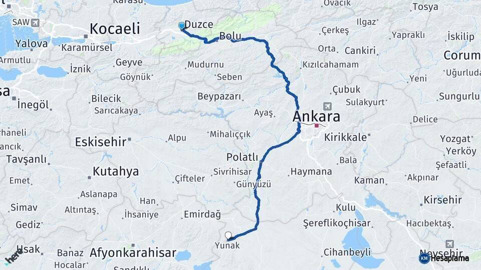 Düzce Yunak Konya Arası Kaç Km - Yol Haritası