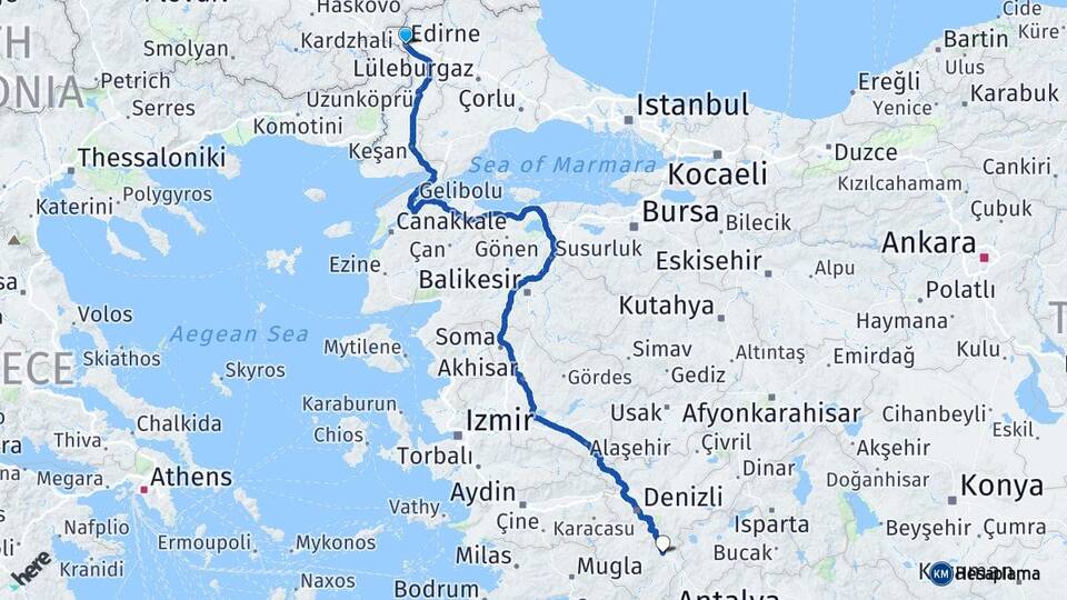 Edirne Acıpayam Denizli Arası Kaç Km - Yol Haritası