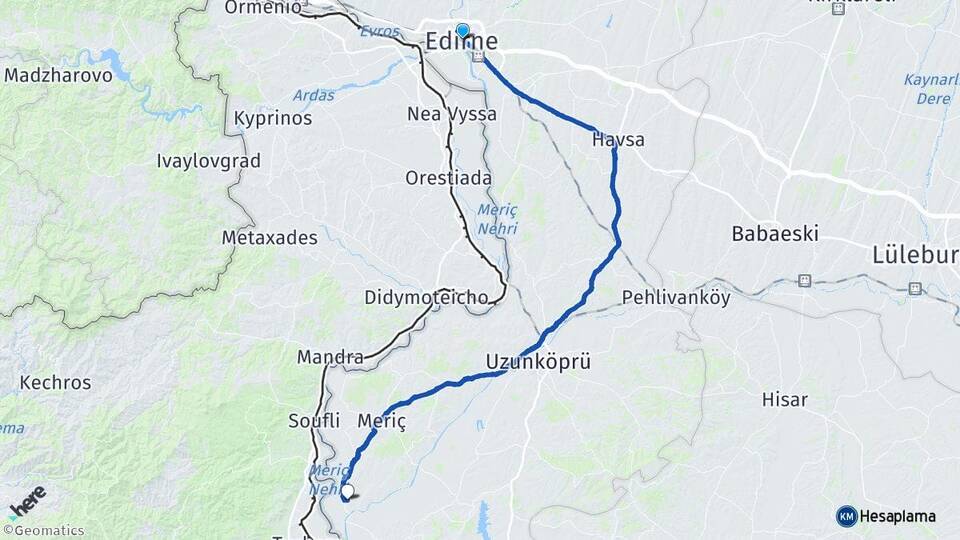 Edirne Adasarhanlı Meriç Arası Kaç Km - Yol Haritası