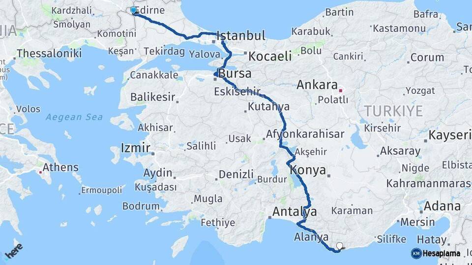Edirne Anamur Mersin Arası Kaç Km - Yol Haritası