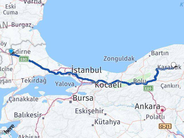 Edirne Araç Kastamonu Arası Kaç Km - Yol Haritası