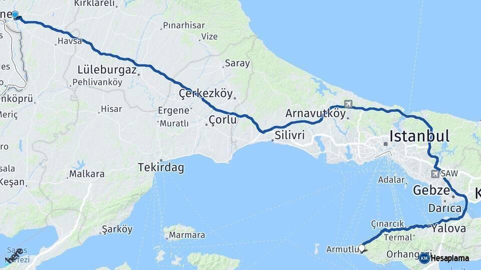 Edirne Armutlu Yalova Arası Kaç Km - Yol Haritası