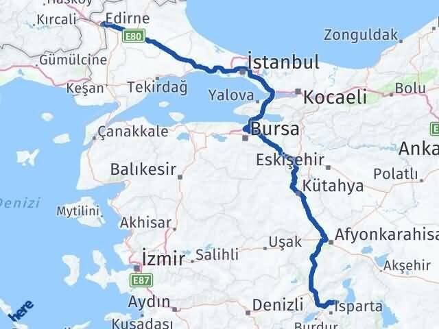 Edirne Atabey Isparta Arası Kaç Km - Yol Haritası