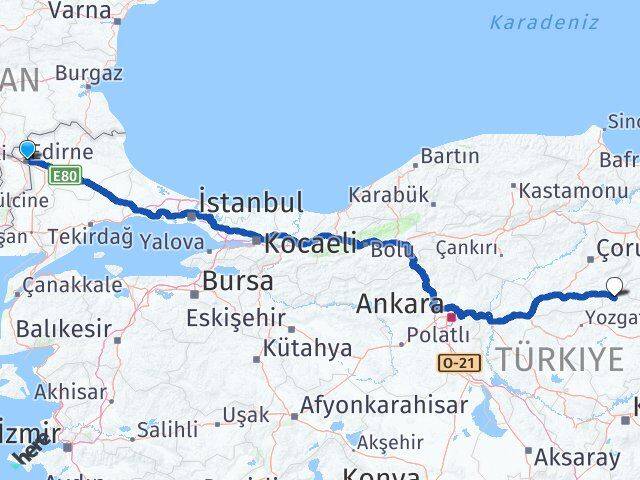 Edirne Aydıncık Yozgat Arası Kaç Km - Yol Haritası