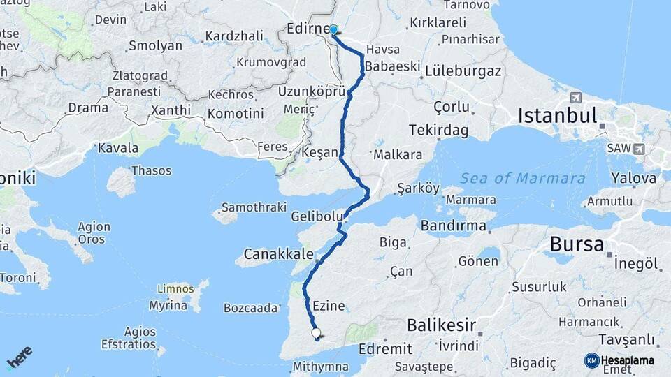 Edirne Ayvacık Çanakkale Arası Kaç Km - Yol Haritası