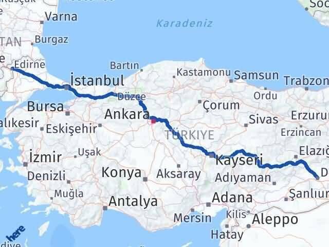 Edirne Bağlar Diyarbakır Arası Kaç Km - Yol Haritası