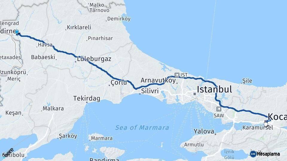 Edirne Başiskele Kocaeli Arası Kaç Km - Yol Haritası