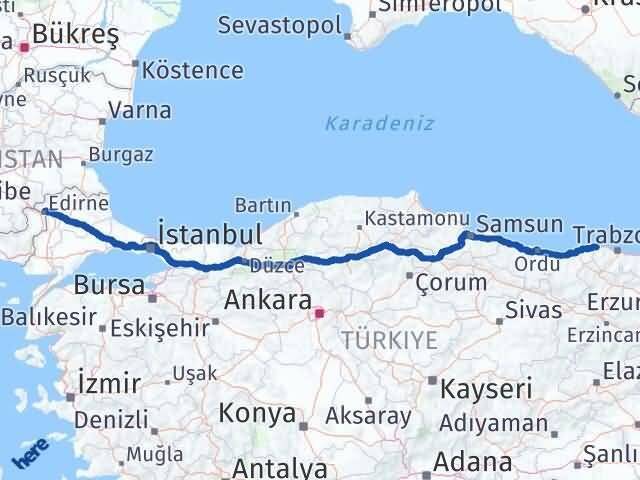 Edirne Beşikdüzü Trabzon Arası Kaç Km - Yol Haritası