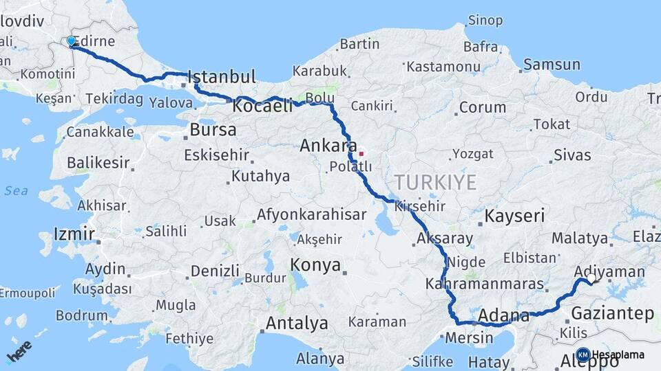 Edirne Besni Adıyaman Arası Kaç Km - Yol Haritası