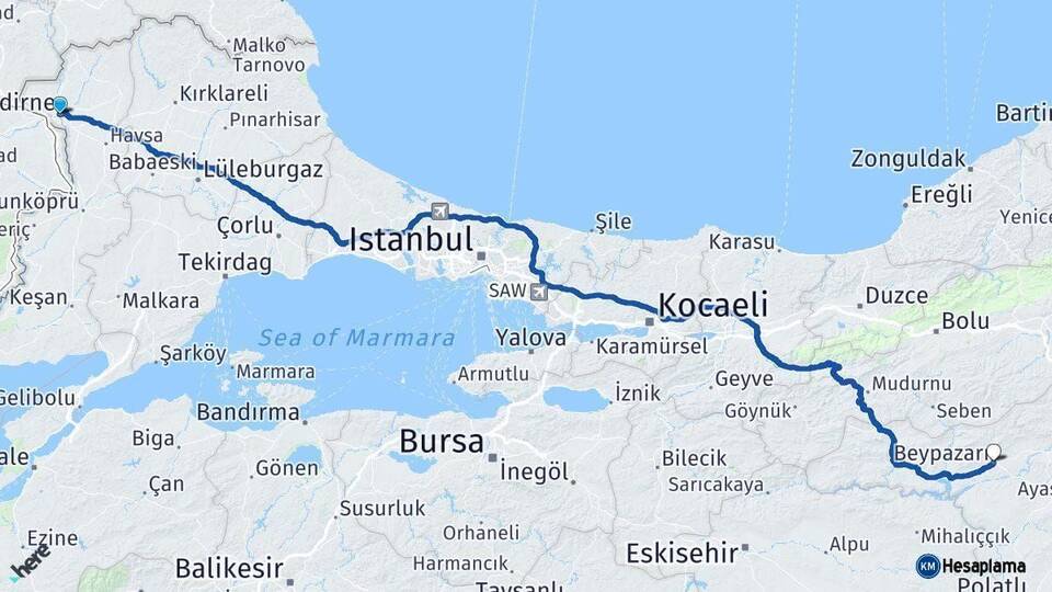 Edirne Beypazarı Ankara Arası Kaç Km - Yol Haritası