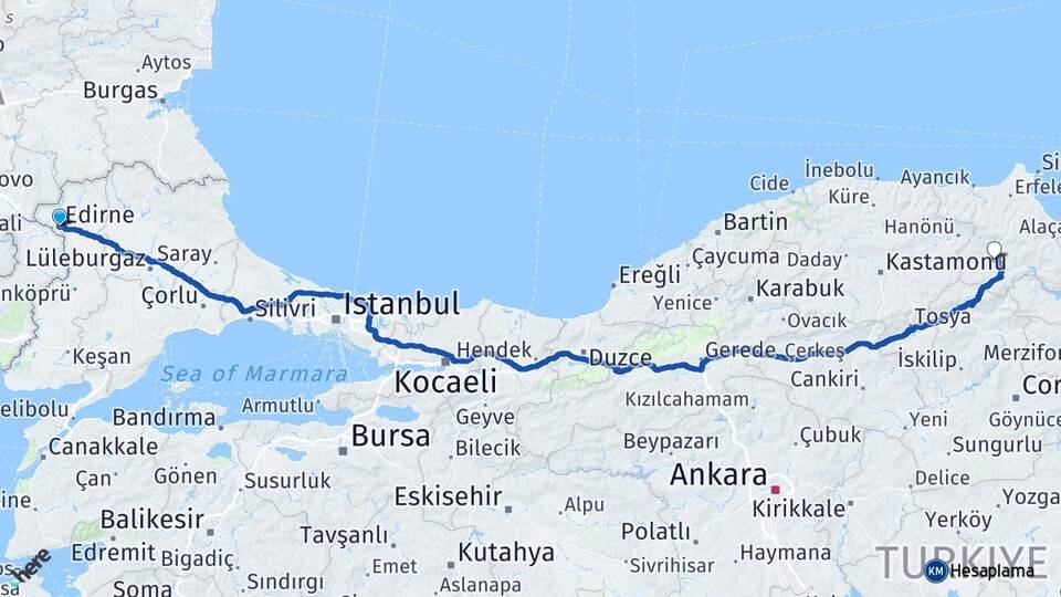 Edirne Boyabat Sinop Arası Kaç Km - Yol Haritası