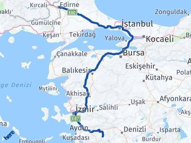 Edirne Bozdoğan Aydın Arası Kaç Km - Yol Haritası