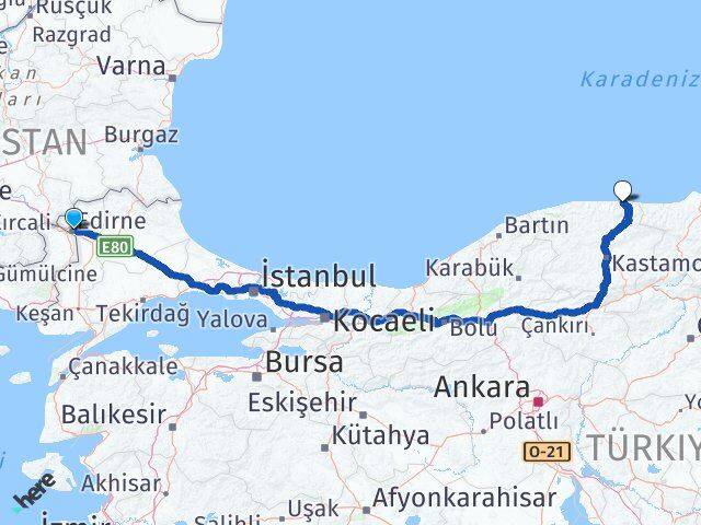 Edirne Bozkurt Kastamonu Arası Kaç Km - Yol Haritası