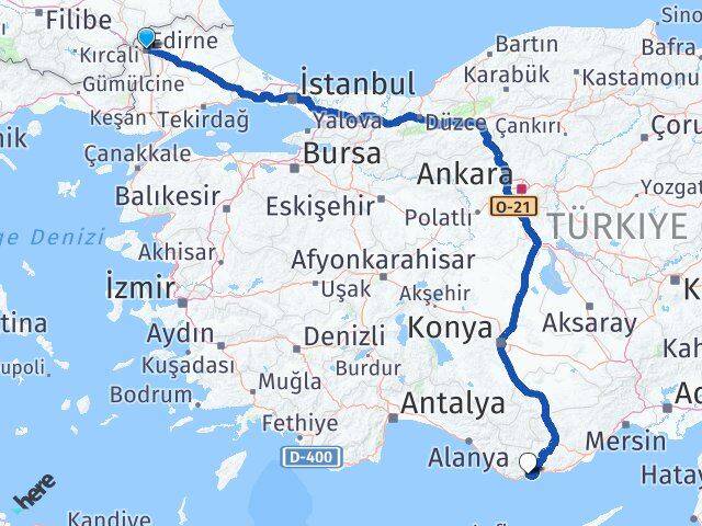 Edirne Bozyazı Mersin Arası Kaç Km - Yol Haritası