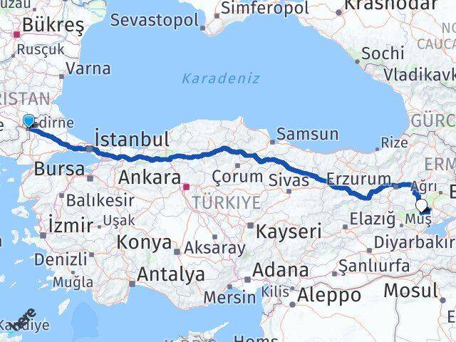 Edirne Bulanık Muş Arası Kaç Km - Yol Haritası