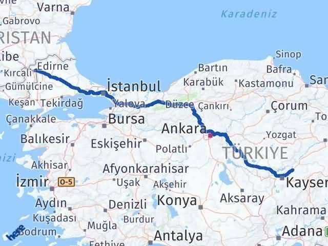 Edirne Bünyan Kayseri Arası Kaç Km - Yol Haritası