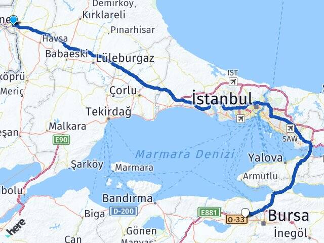 Edirne Bursa Uludağ Üniversitesi Arası Kaç Km - Yol Haritası