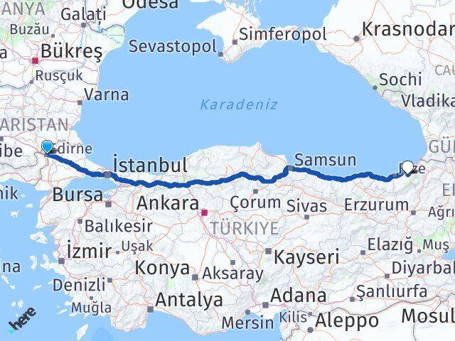 Edirne Çamlıhemşin Rize Arası Kaç Km - Yol Haritası