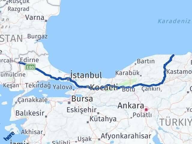 Edirne Çatalzeytin Kastamonu Arası Kaç Km - Yol Haritası