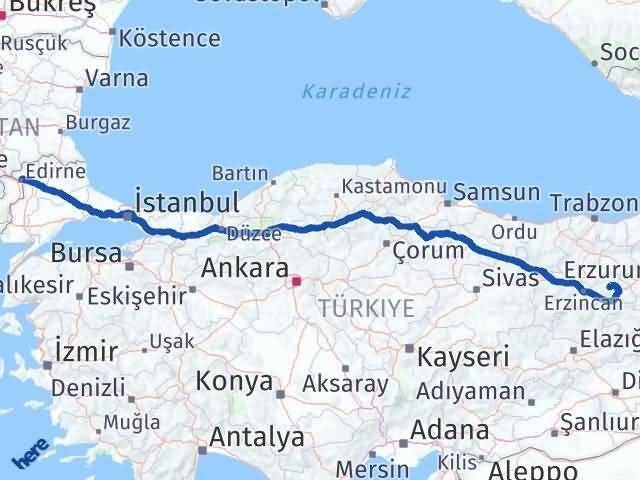 Edirne Çayırlı Erzincan Arası Kaç Km - Yol Haritası