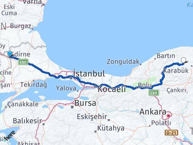 Edirne Daday Kastamonu Arası Kaç Km - Yol Haritası