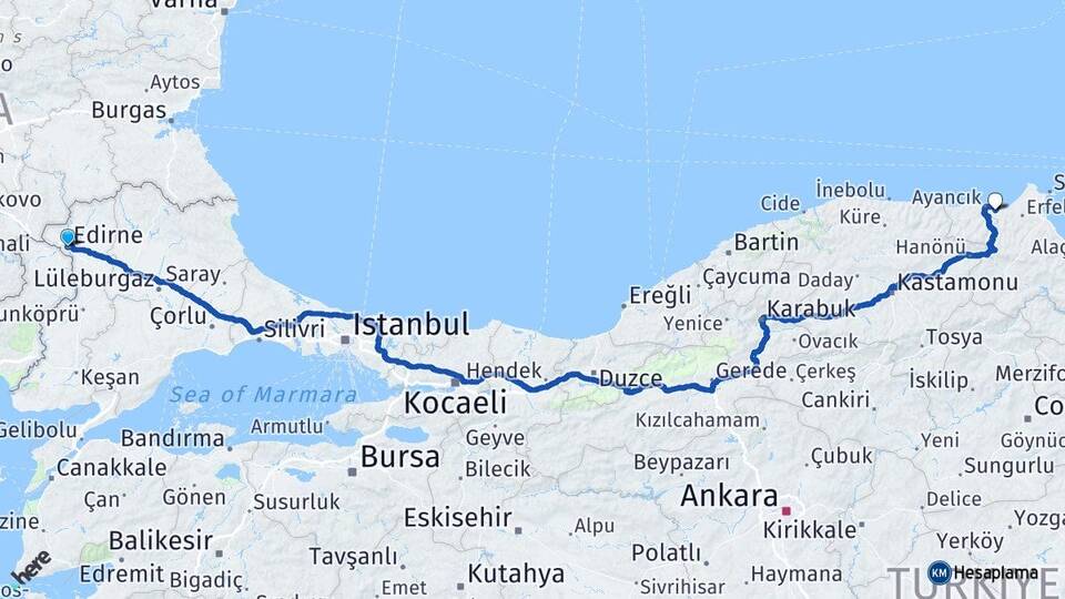 Edirne Dedeağaç Ayancık Sinop Arası Kaç Km - Yol Haritası