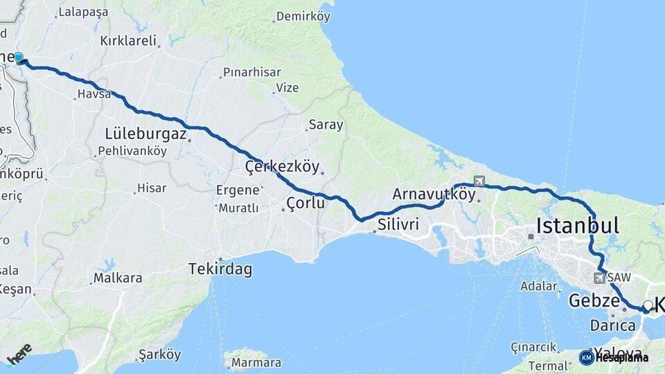 Edirne Dilovası Kocaeli Arası Kaç Km - Yol Haritası