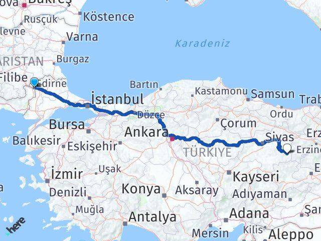 Edirne Divriği Sivas Arası Kaç Km - Yol Haritası